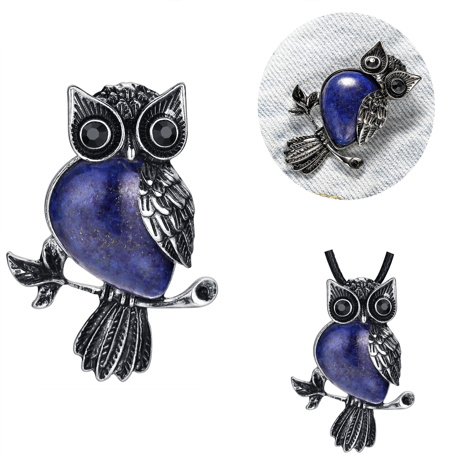 Antique Silver Owl Gemstone Pendant Brooch Pin For Women and girls