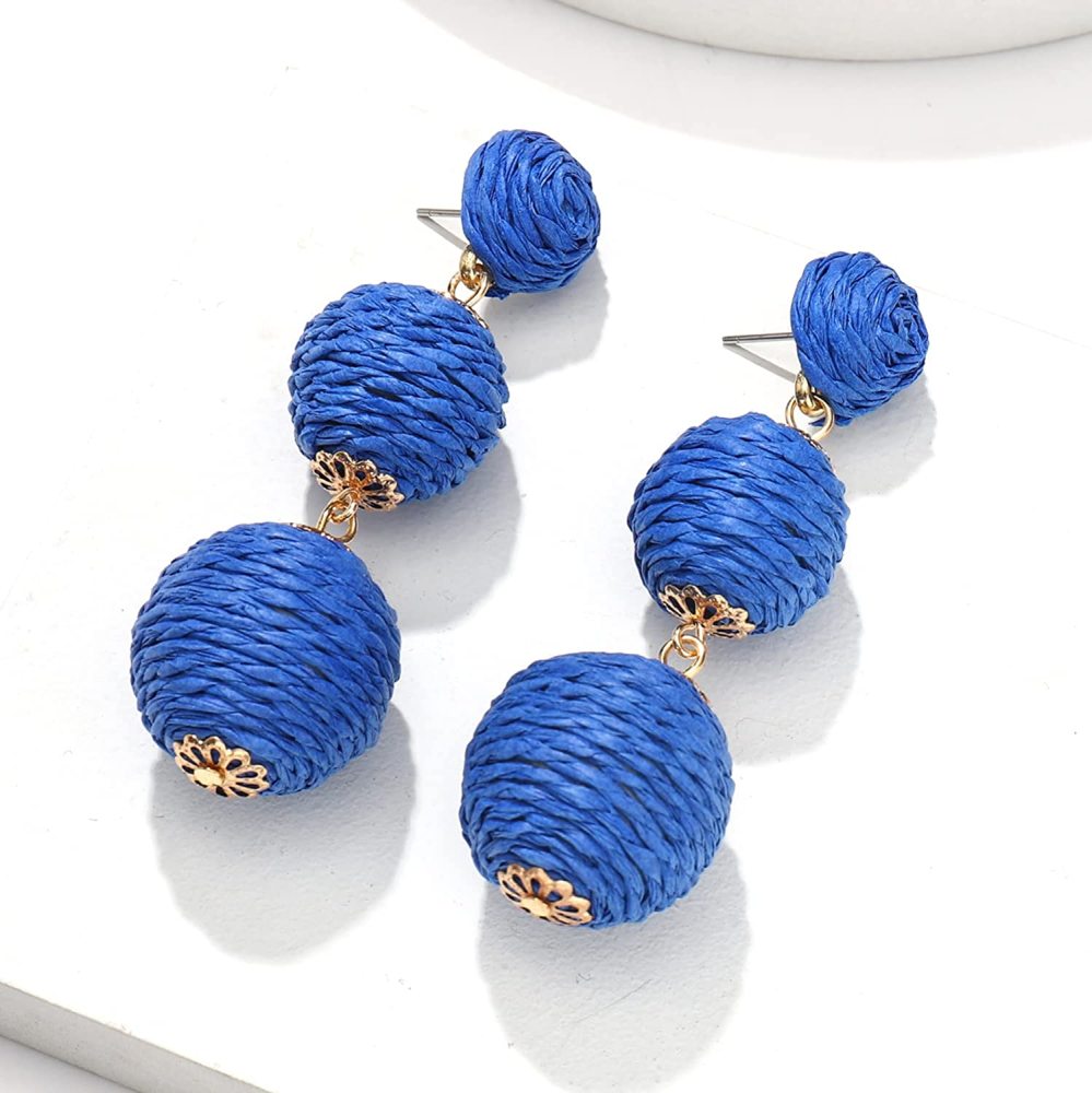 Raffia Ball Earrings Stud for Women Handmade Rattan Dangle Drop Ear Summer Beach Long Jewelry Holiday Accessory Gifts