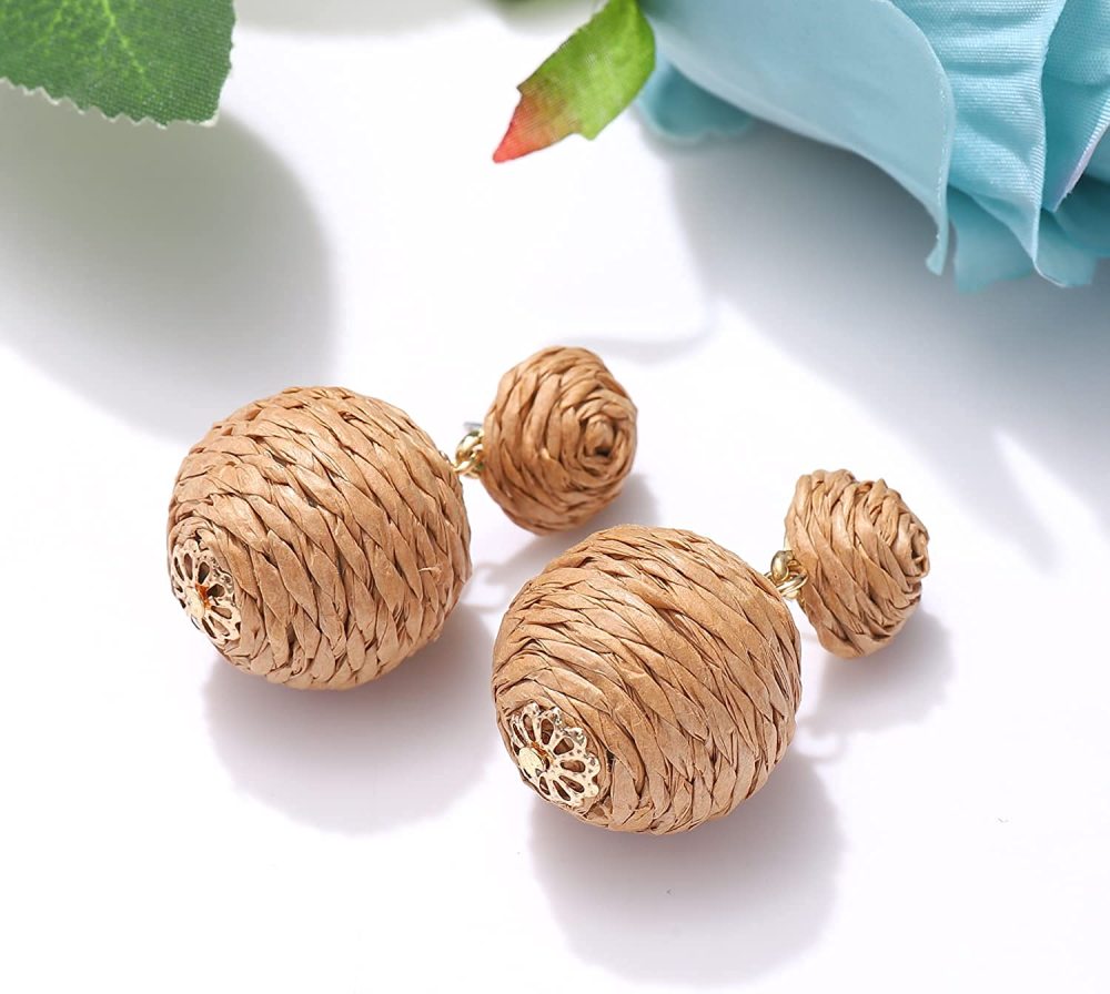 Raffia Earring Boho Handmade Woven Straw Rattan Drop Earrings Geometric Lantern Dangle Earrings for Women Girls Summer Beach Jewelry