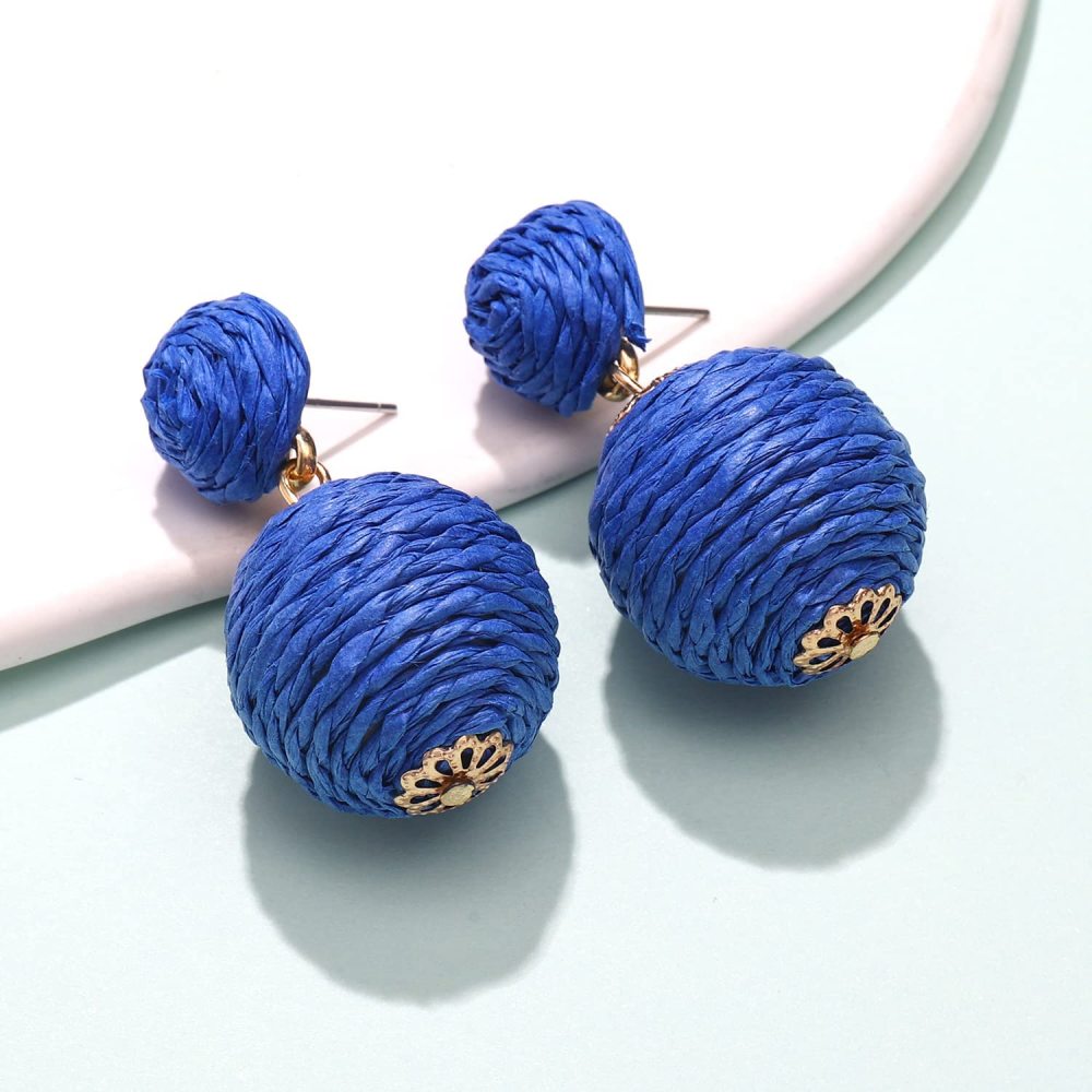 Raffia Earring Boho Handmade Woven Straw Rattan Drop Earrings Geometric Lantern Dangle Earrings for Women Girls Summer Beach Jewelry