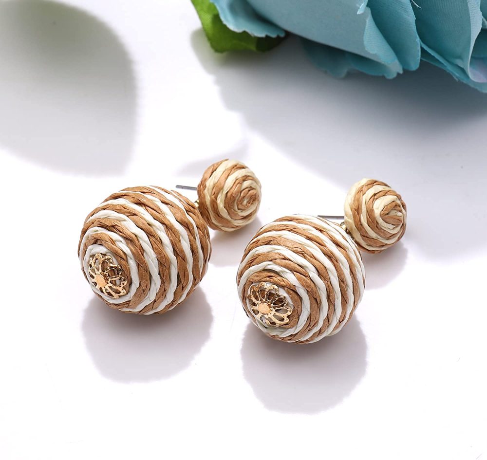 Raffia Earring Boho Handmade Woven Straw Rattan Drop Earrings Geometric Lantern Dangle Earrings for Women Girls Summer Beach Jewelry