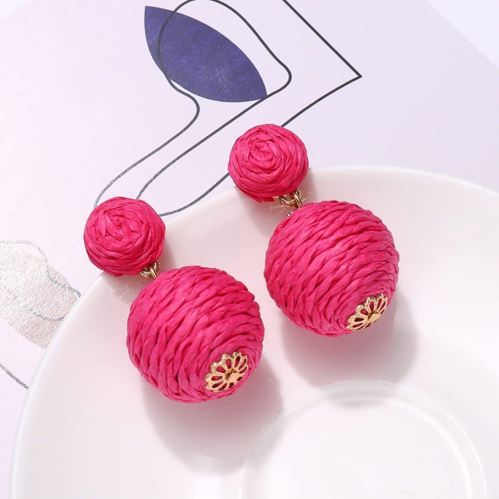 Raffia Earring Boho Handmade Woven Straw Rattan Drop Earrings Geometric Lantern Dangle Earrings for Women Girls Summer Beach Jewelry
