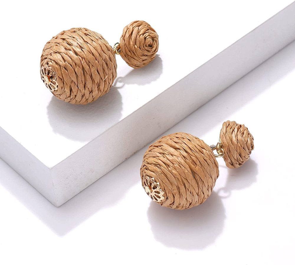 Raffia Earring Boho Handmade Woven Straw Rattan Drop Earrings Geometric Lantern Dangle Earrings for Women Girls Summer Beach Jewelry