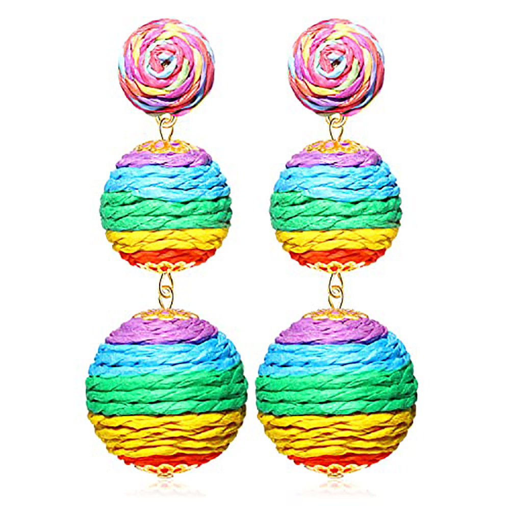 Raffia Ball Earrings Stud for Women Handmade Rattan Dangle Drop Ear Summer Beach Long Jewelry Holiday Accessory Gifts