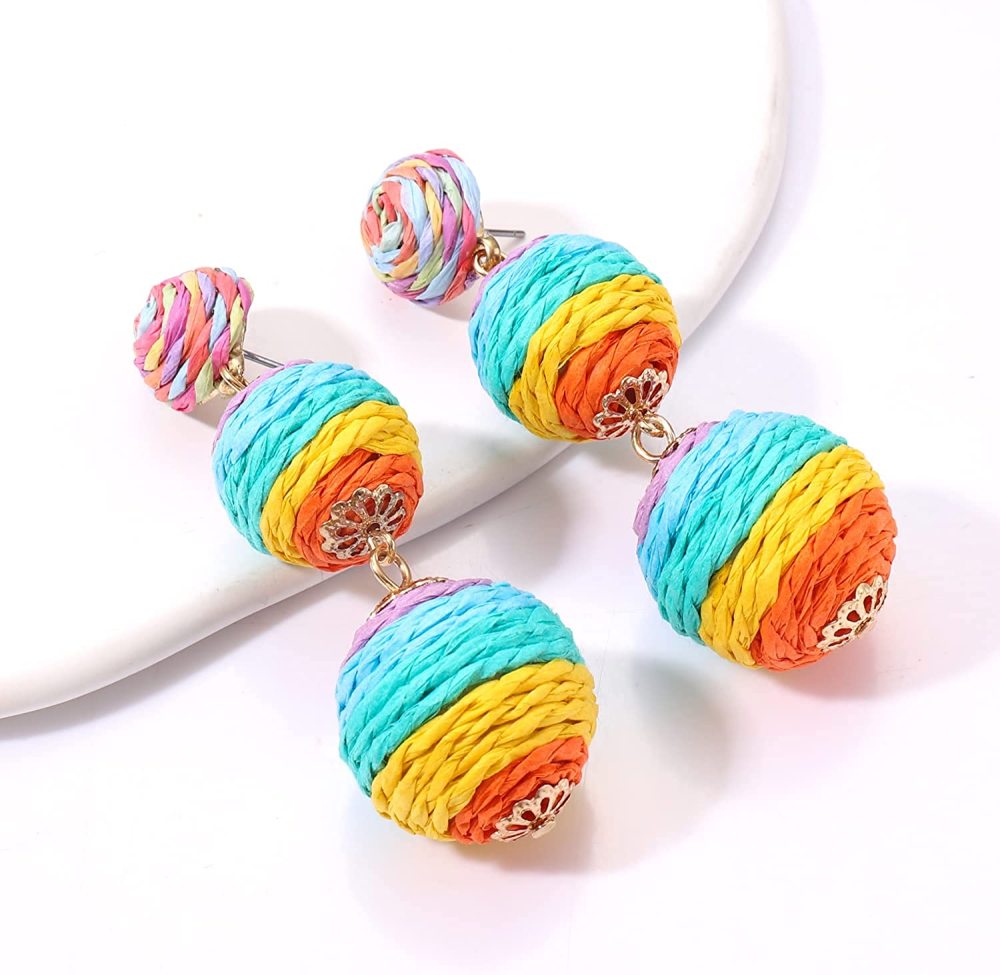 Raffia Ball Earrings Stud for Women Handmade Rattan Dangle Drop Ear Summer Beach Long Jewelry Holiday Accessory Gifts