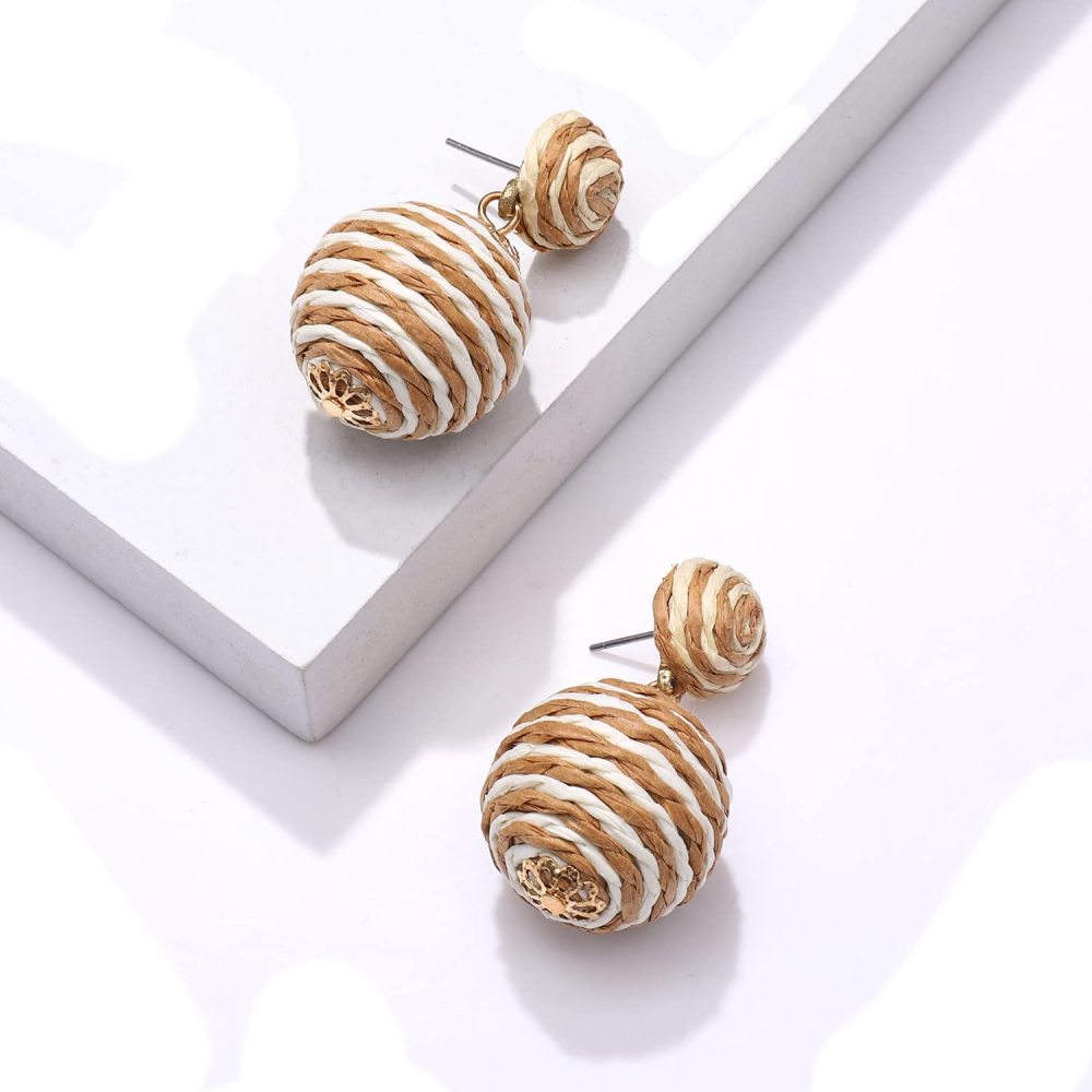 Raffia Earring Boho Handmade Woven Straw Rattan Drop Earrings Geometric Lantern Dangle Earrings for Women Girls Summer Beach Jewelry