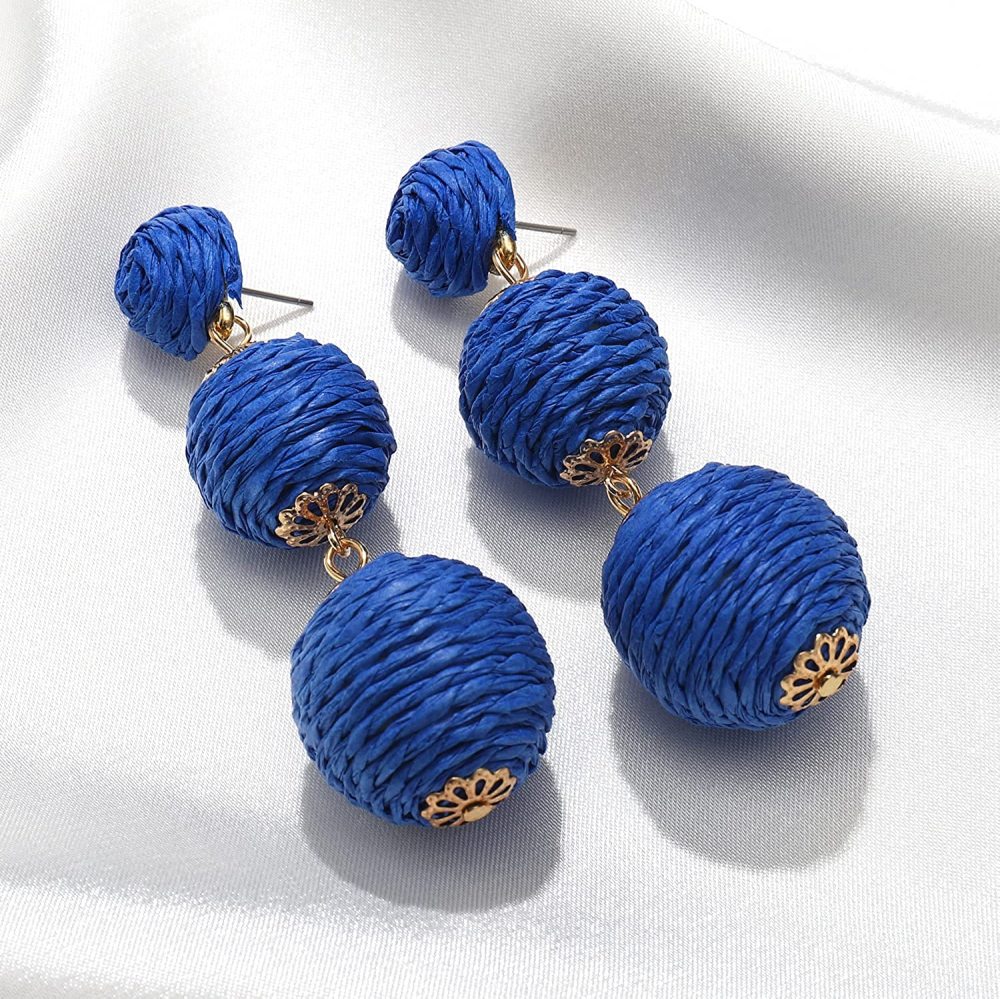 Raffia Ball Earrings Stud for Women Handmade Rattan Dangle Drop Ear Summer Beach Long Jewelry Holiday Accessory Gifts