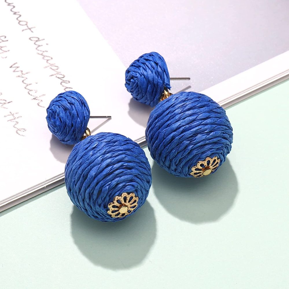 Raffia Earring Boho Handmade Woven Straw Rattan Drop Earrings Geometric Lantern Dangle Earrings for Women Girls Summer Beach Jewelry