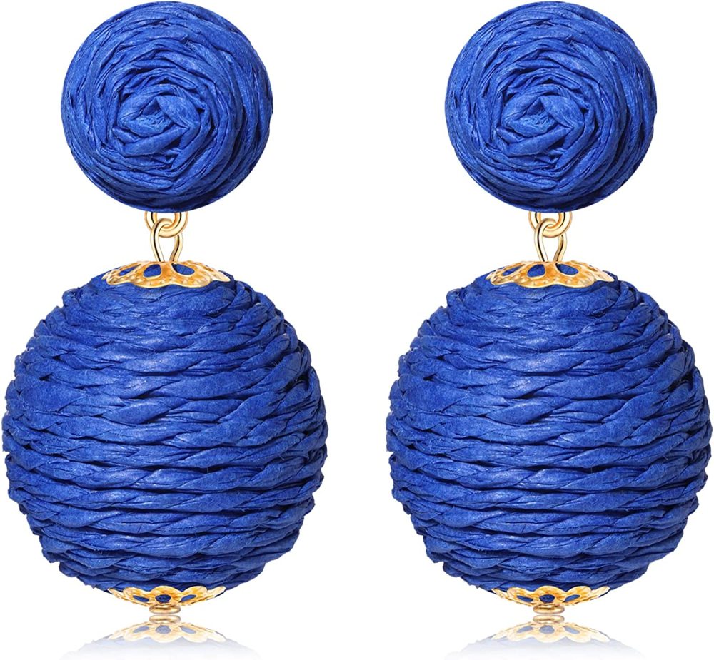 Raffia Earring Boho Handmade Woven Straw Rattan Drop Earrings Geometric Lantern Dangle Earrings for Women Girls Summer Beach Jewelry