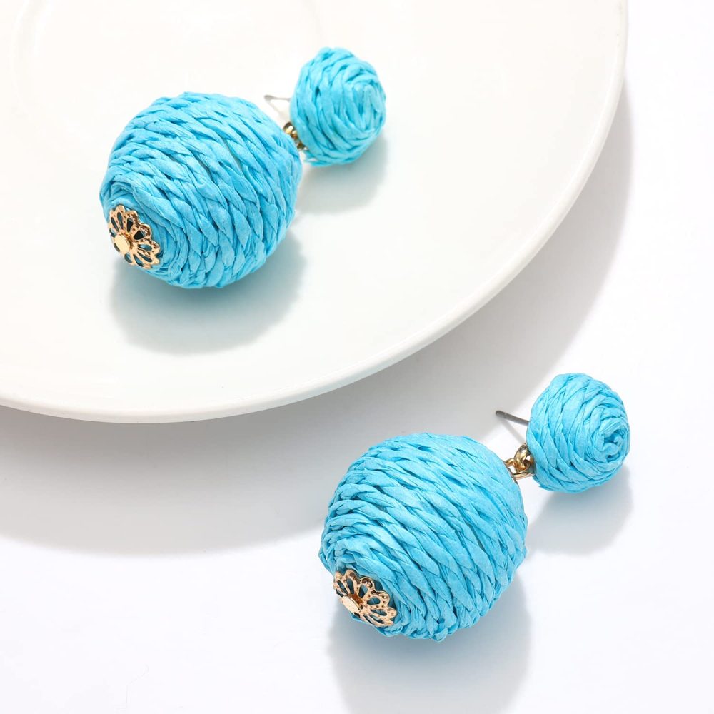 Raffia Earring Boho Handmade Woven Straw Rattan Drop Earrings Geometric Lantern Dangle Earrings for Women Girls Summer Beach Jewelry