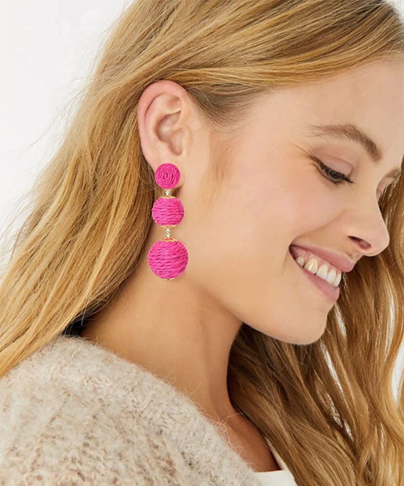 Raffia Ball Earrings Stud for Women Handmade Rattan Dangle Drop Ear Summer Beach Long Jewelry Holiday Accessory Gifts