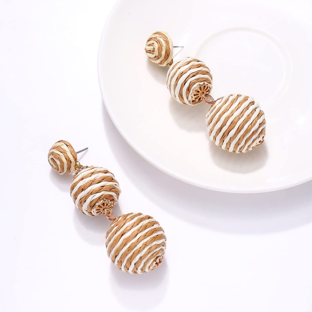 Raffia Ball Earrings Stud for Women Handmade Rattan Dangle Drop Ear Summer Beach Long Jewelry Holiday Accessory Gifts