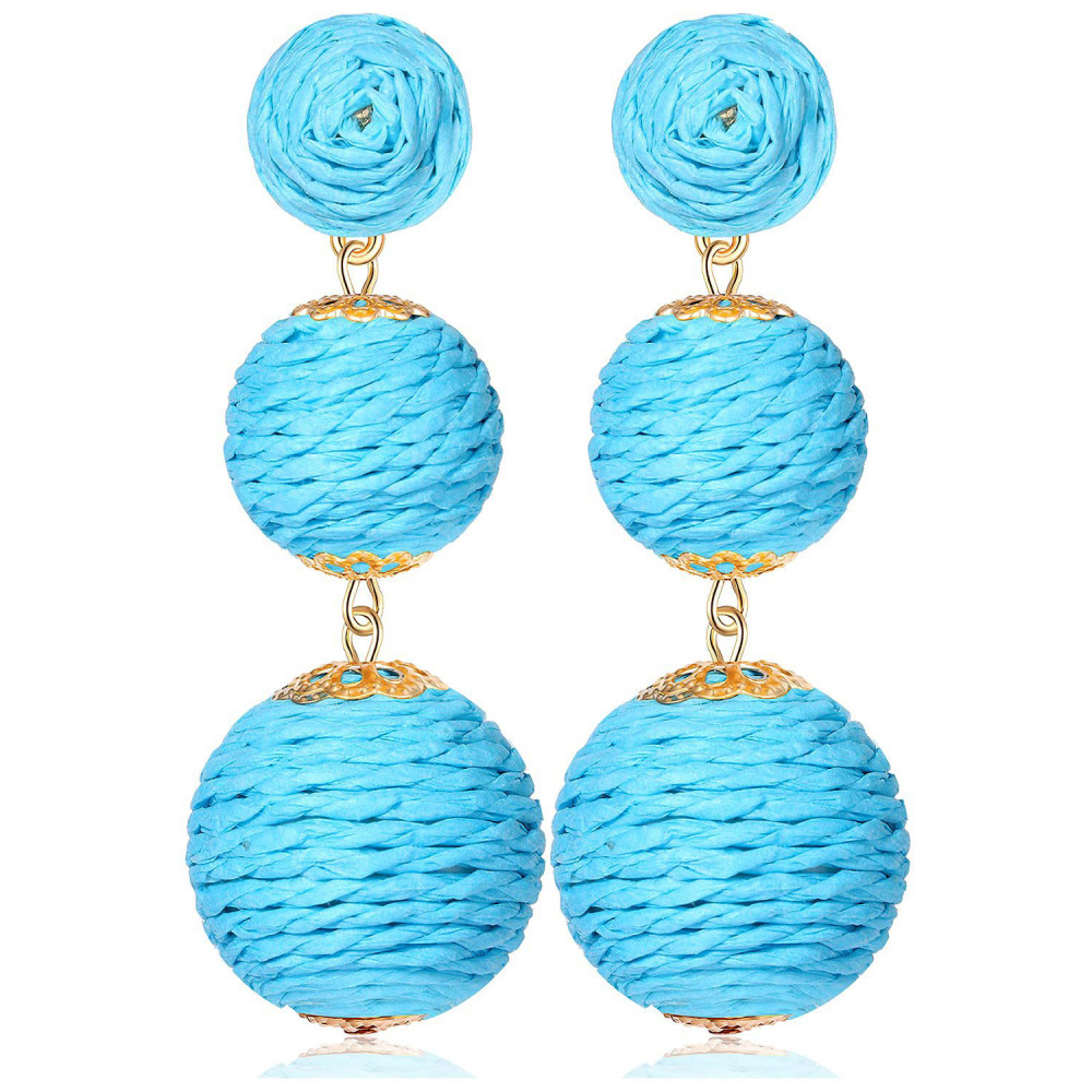 Raffia Ball Earrings Stud for Women Handmade Rattan Dangle Drop Ear Summer Beach Long Jewelry Holiday Accessory Gifts