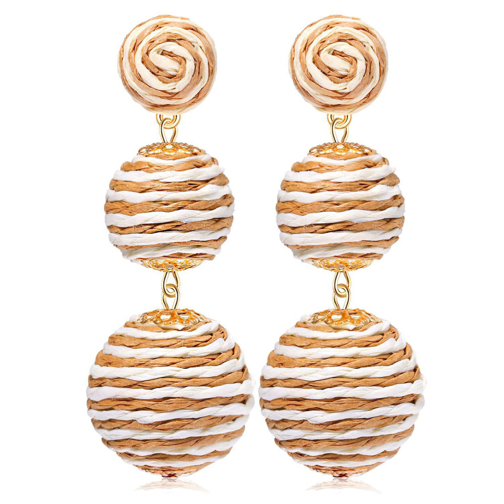 Raffia Ball Earrings Stud for Women Handmade Rattan Dangle Drop Ear Summer Beach Long Jewelry Holiday Accessory Gifts