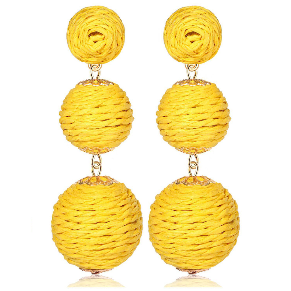 Raffia Ball Earrings Stud for Women Handmade Rattan Dangle Drop Ear Summer Beach Long Jewelry Holiday Accessory Gifts