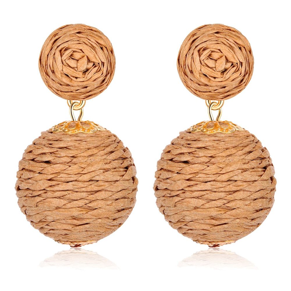Raffia Earring Boho Handmade Woven Straw Rattan Drop Earrings Geometric Lantern Dangle Earrings for Women Girls Summer Beach Jewelry