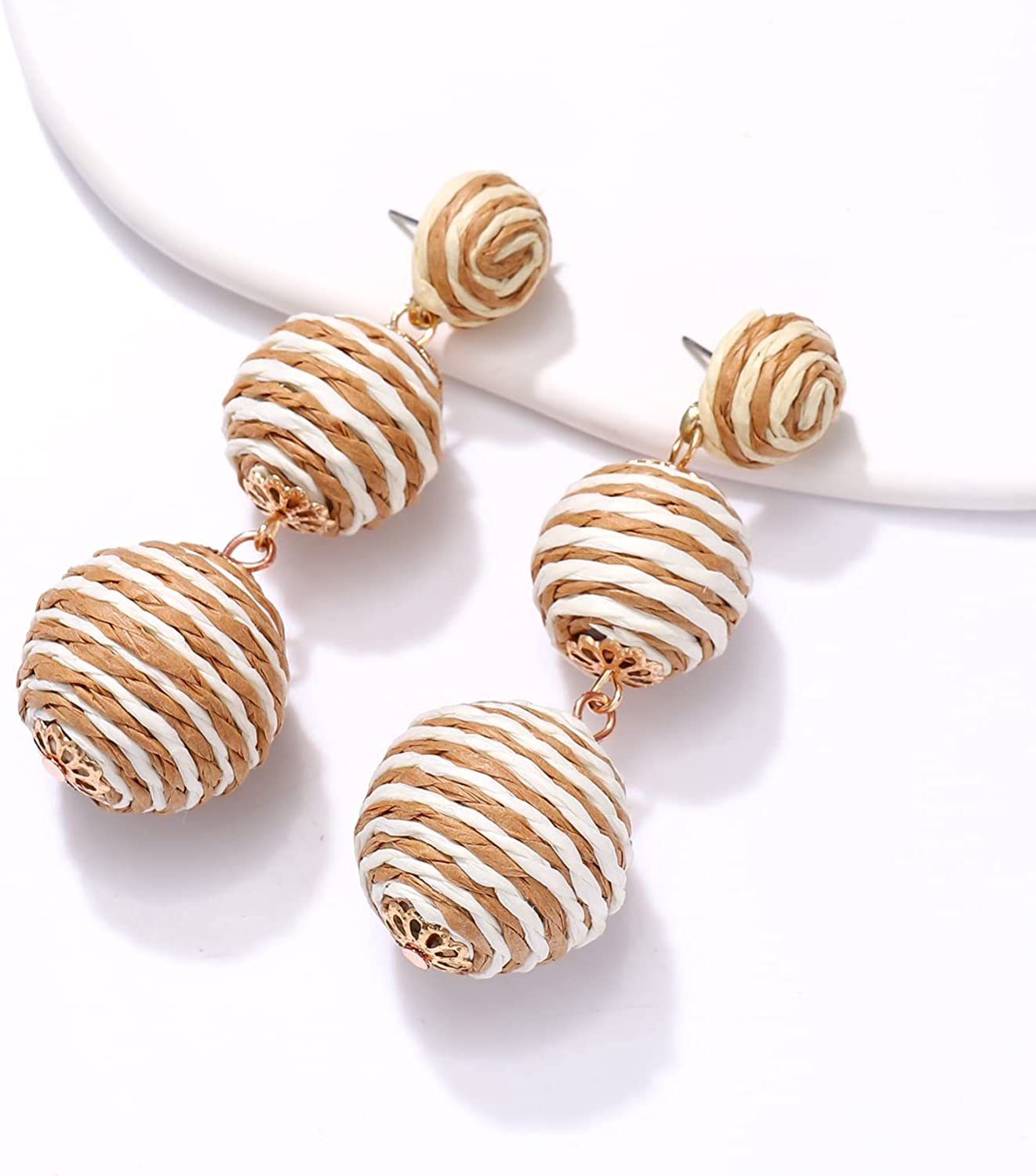 Raffia Ball Earrings Stud for Women Handmade Rattan Dangle Drop Ear Summer Beach Long Jewelry Holiday Accessory Gifts