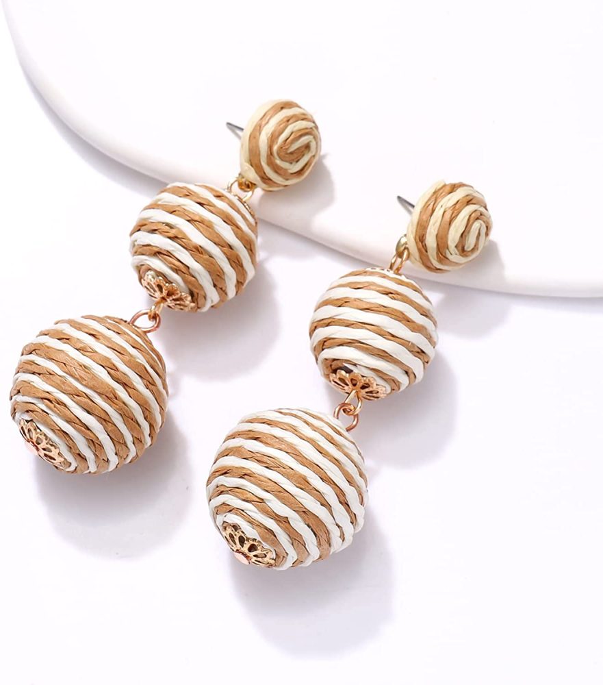 Raffia Ball Earrings Stud for Women Handmade Rattan Dangle Drop Ear Summer Beach Long Jewelry Holiday Accessory Gifts