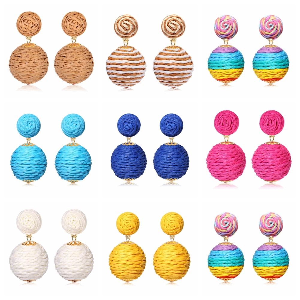 Raffia Earring Boho Handmade Woven Straw Rattan Drop Earrings Geometric Lantern Dangle Earrings for Women Girls Summer Beach Jewelry