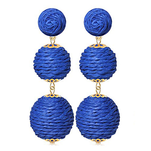 Raffia Ball Earrings Stud for Women Handmade Rattan Dangle Drop Ear Summer Beach Long Jewelry Holiday Accessory Gifts