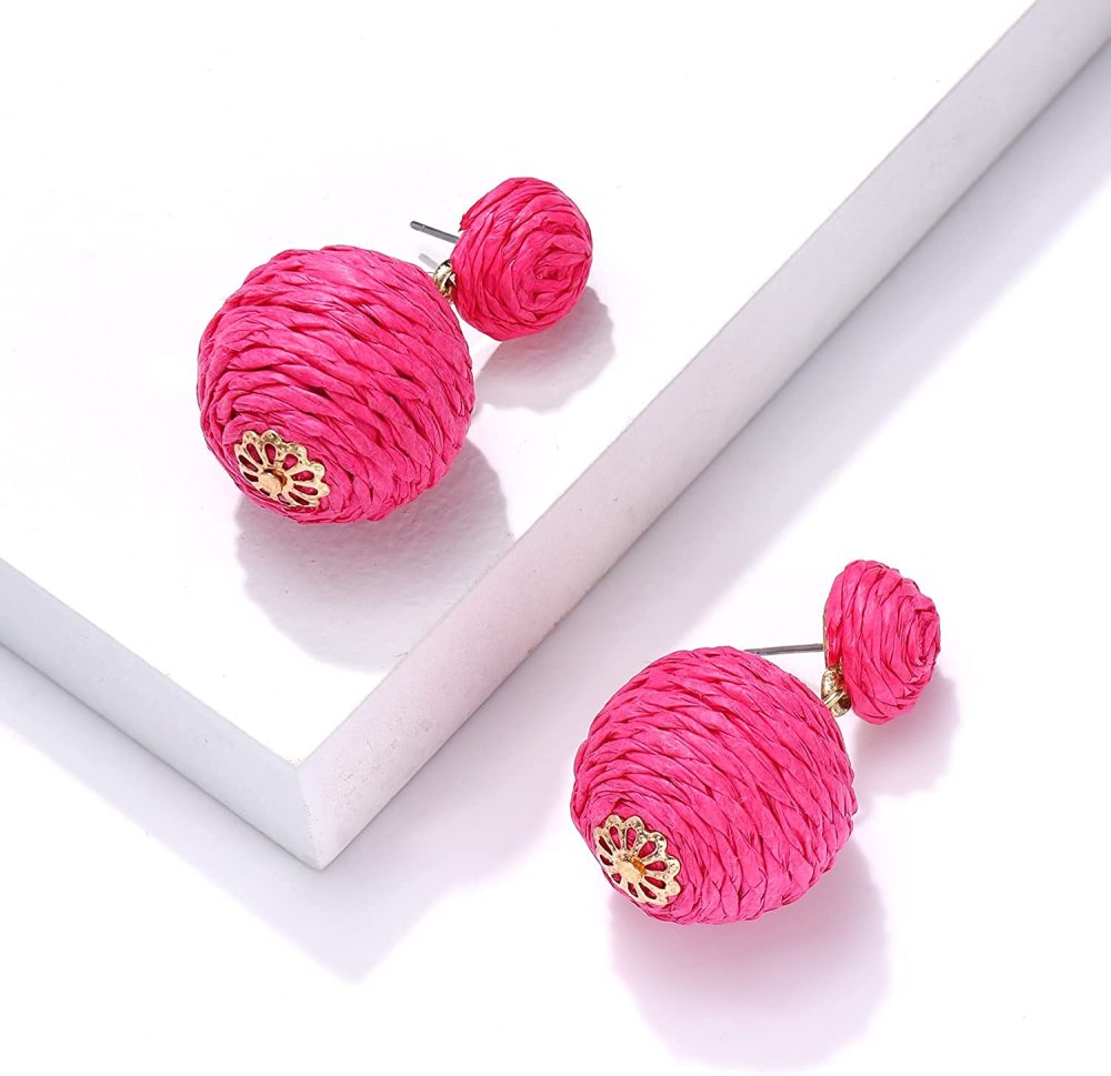 Raffia Earring Boho Handmade Woven Straw Rattan Drop Earrings Geometric Lantern Dangle Earrings for Women Girls Summer Beach Jewelry