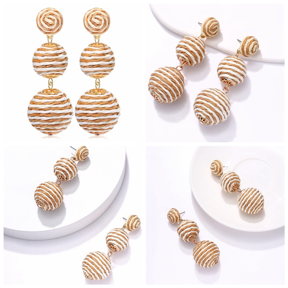 Raffia Ball Earrings Stud for Women Handmade Rattan Dangle Drop Ear Summer Beach Long Jewelry Holiday Accessory Gifts