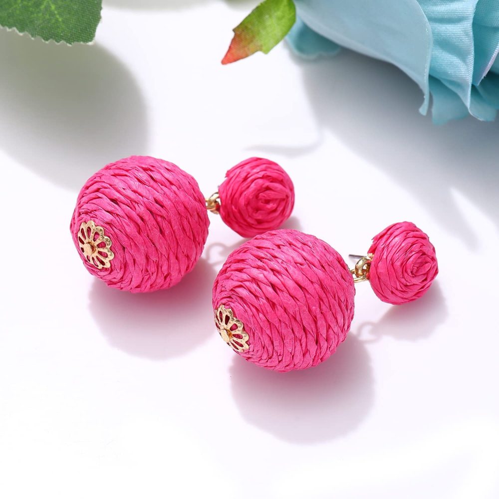 Raffia Earring Boho Handmade Woven Straw Rattan Drop Earrings Geometric Lantern Dangle Earrings for Women Girls Summer Beach Jewelry