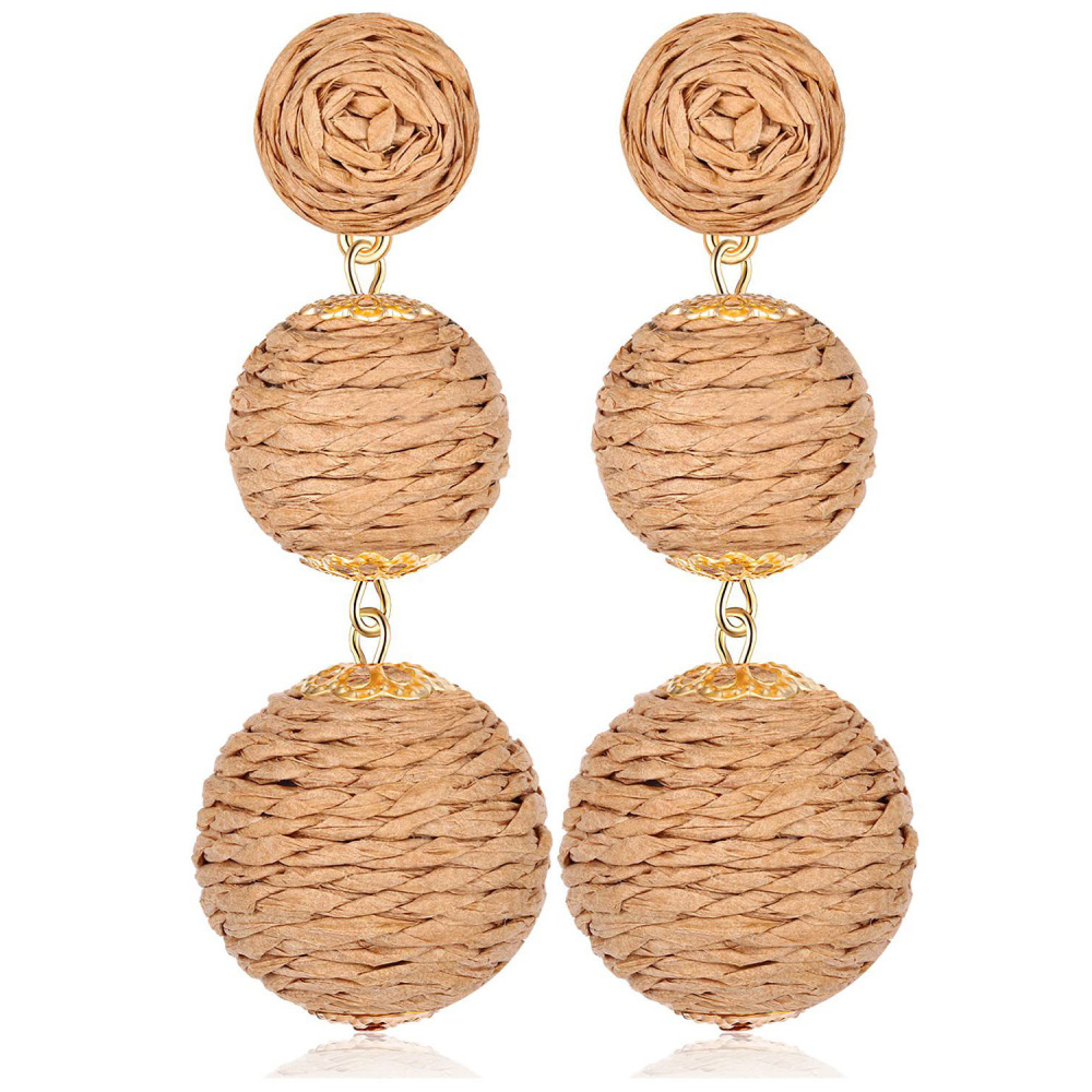 Raffia Ball Earrings Stud for Women Handmade Rattan Dangle Drop Ear Summer Beach Long Jewelry Holiday Accessory Gifts
