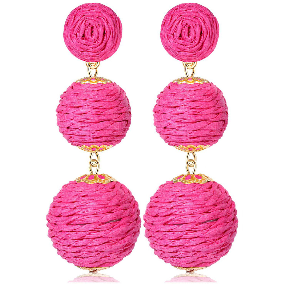 Raffia Ball Earrings Stud for Women Handmade Rattan Dangle Drop Ear Summer Beach Long Jewelry Holiday Accessory Gifts
