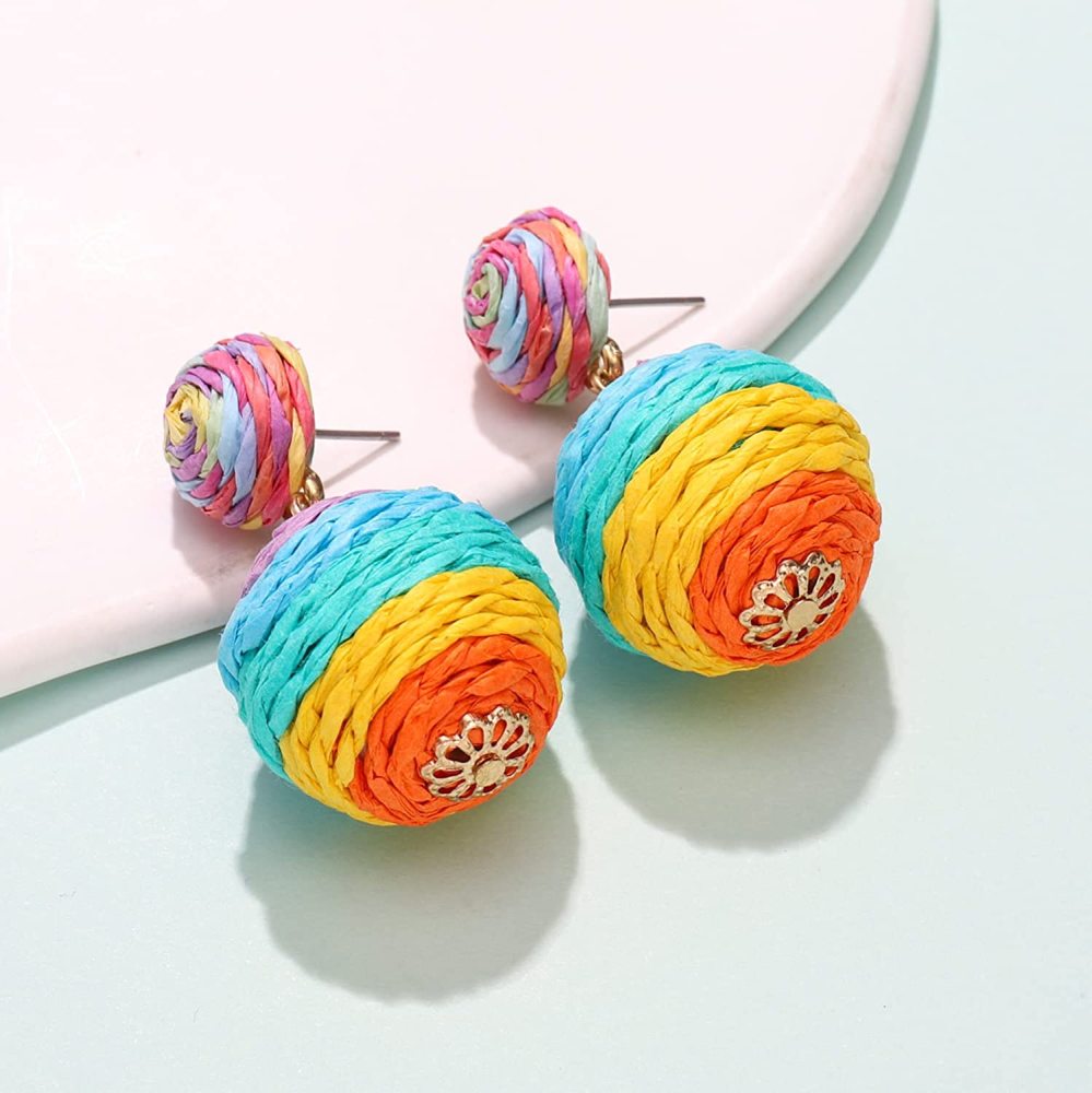 Raffia Earring Boho Handmade Woven Straw Rattan Drop Earrings Geometric Lantern Dangle Earrings for Women Girls Summer Beach Jewelry