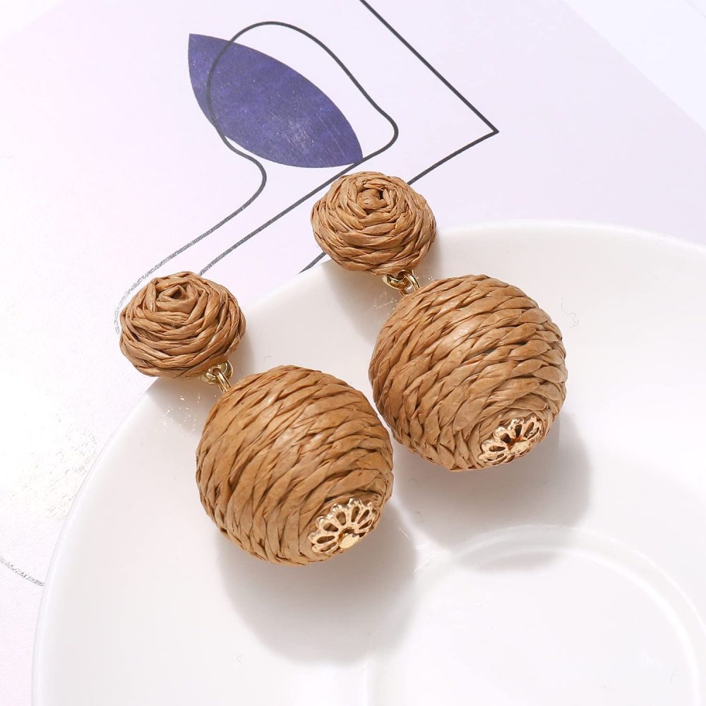 Raffia Earring Boho Handmade Woven Straw Rattan Drop Earrings Geometric Lantern Dangle Earrings for Women Girls Summer Beach Jewelry