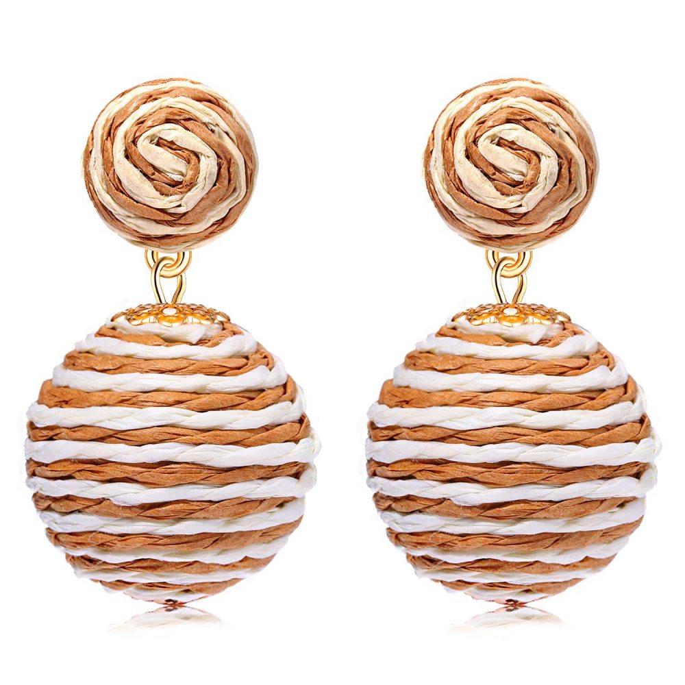 Raffia Earring Boho Handmade Woven Straw Rattan Drop Earrings Geometric Lantern Dangle Earrings for Women Girls Summer Beach Jewelry