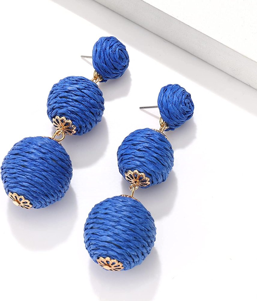 Raffia Ball Earrings Stud for Women Handmade Rattan Dangle Drop Ear Summer Beach Long Jewelry Holiday Accessory Gifts