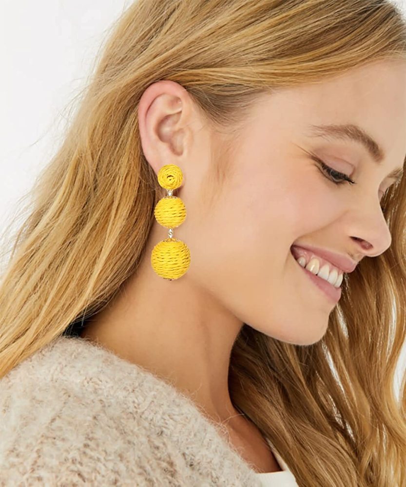Raffia Ball Earrings Stud for Women Handmade Rattan Dangle Drop Ear Summer Beach Long Jewelry Holiday Accessory Gifts