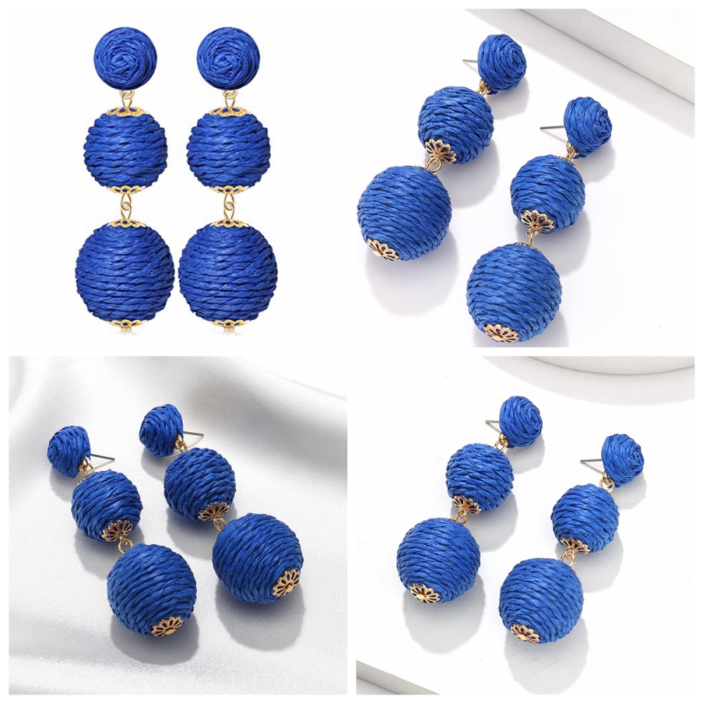 Raffia Ball Earrings Stud for Women Handmade Rattan Dangle Drop Ear Summer Beach Long Jewelry Holiday Accessory Gifts