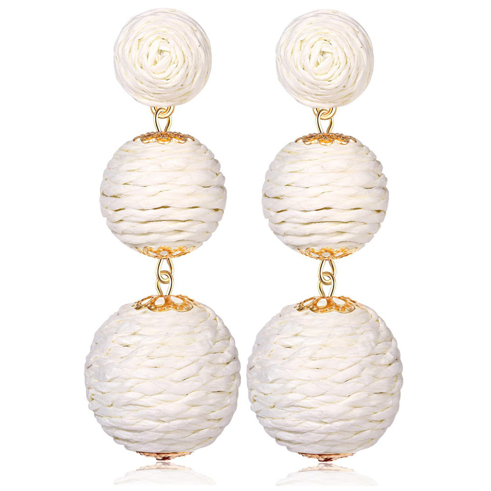 Raffia Ball Earrings Stud for Women Handmade Rattan Dangle Drop Ear Summer Beach Long Jewelry Holiday Accessory Gifts