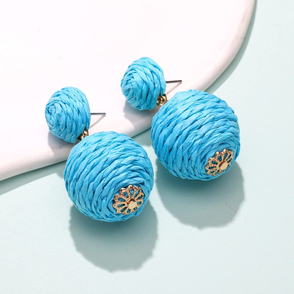 Raffia Earring Boho Handmade Woven Straw Rattan Drop Earrings Geometric Lantern Dangle Earrings for Women Girls Summer Beach Jewelry