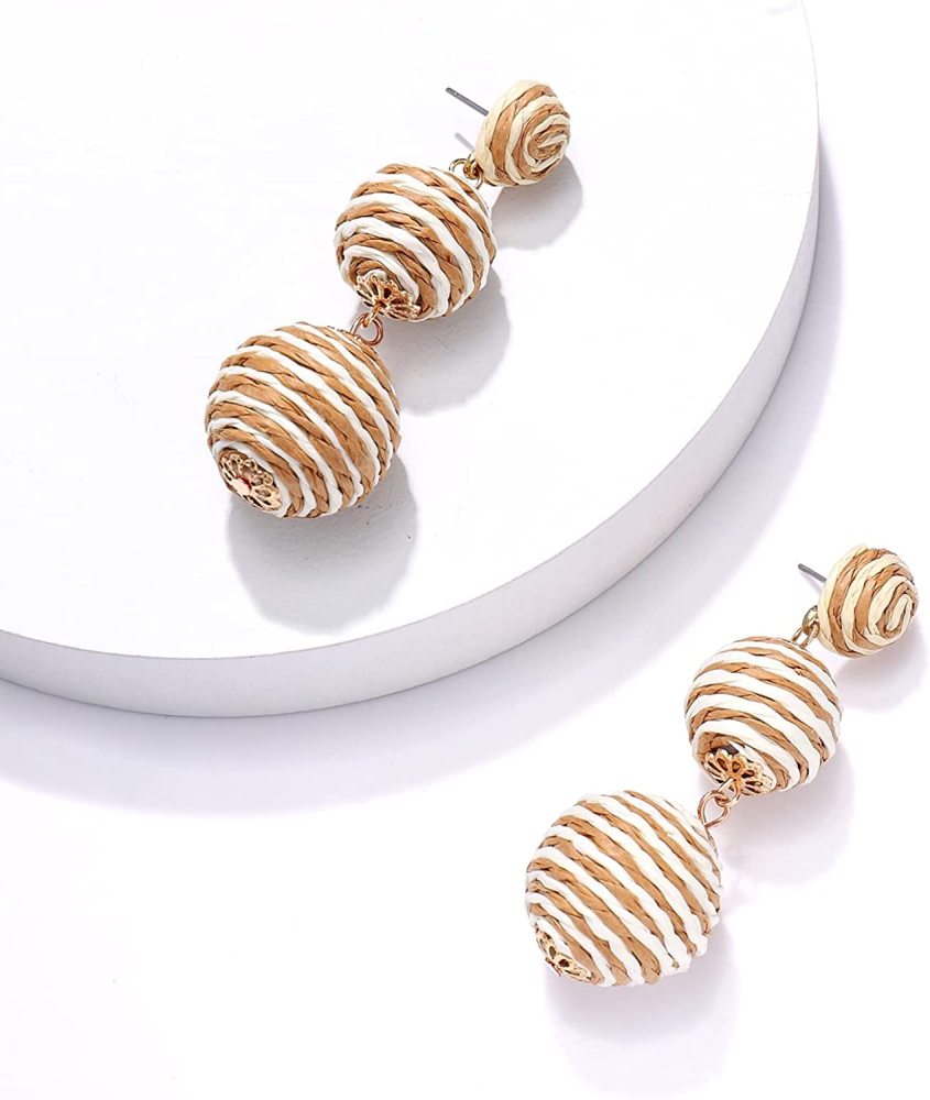 Raffia Ball Earrings Stud for Women Handmade Rattan Dangle Drop Ear Summer Beach Long Jewelry Holiday Accessory Gifts