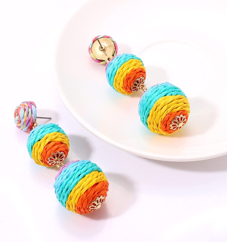 Raffia Ball Earrings Stud for Women Handmade Rattan Dangle Drop Ear Summer Beach Long Jewelry Holiday Accessory Gifts