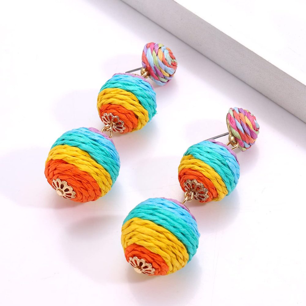 Raffia Ball Earrings Stud for Women Handmade Rattan Dangle Drop Ear Summer Beach Long Jewelry Holiday Accessory Gifts