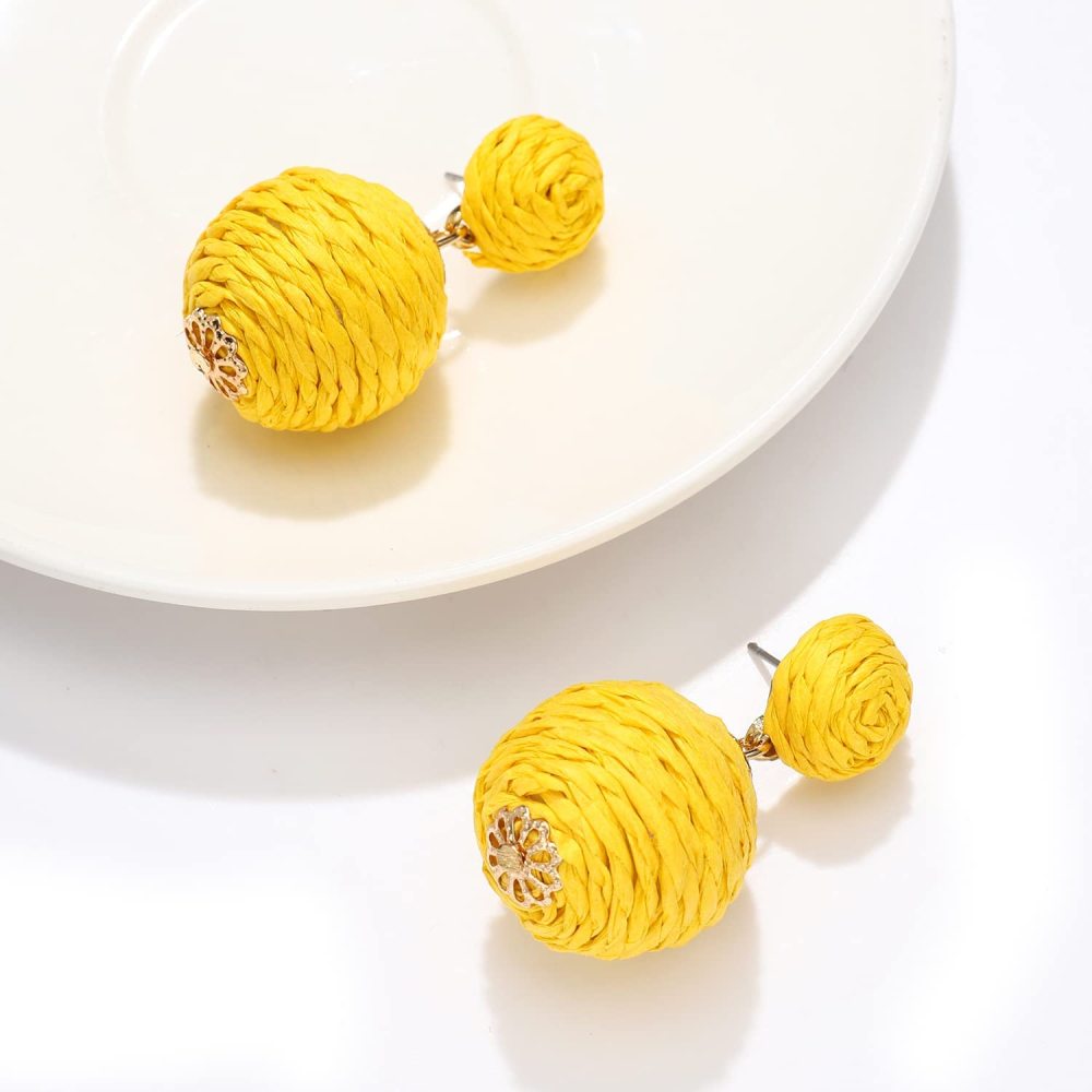 Raffia Earring Boho Handmade Woven Straw Rattan Drop Earrings Geometric Lantern Dangle Earrings for Women Girls Summer Beach Jewelry
