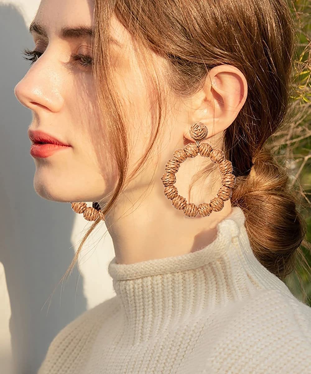 Rattan Earrings Rattan Ball Hoop Dangle Earrings for Women Handmade Bohemia Earrings Braid Straw Wicker Raffia Earrings Summer Beach Accessory Gifts