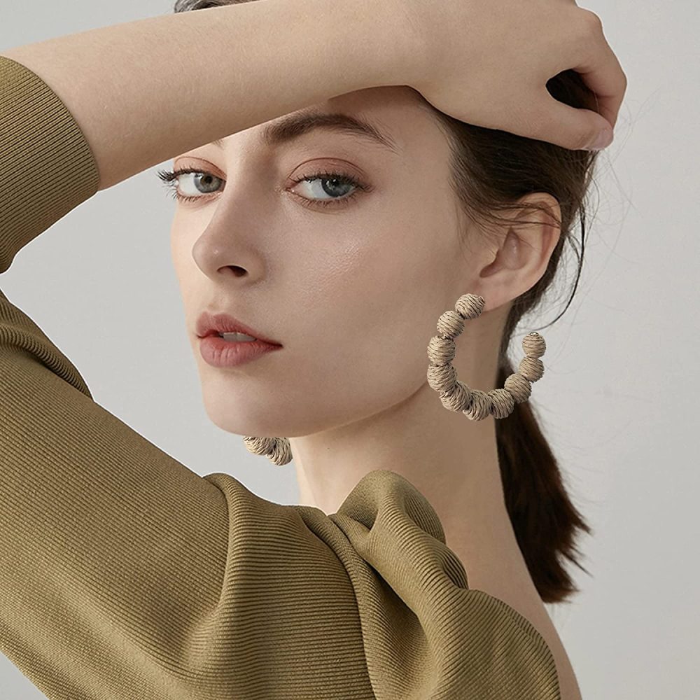 Rattan Earrings Summer Boho Raffia Ball Hoop Dangle Earring for Women Girls Lightweight Straw Wicker Statement Bohemian Beach Ear Jewelry Gifts