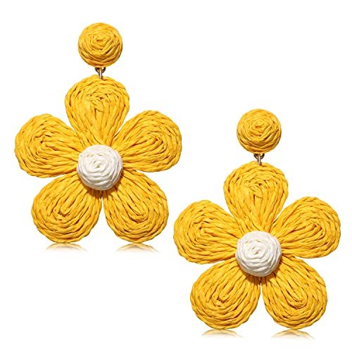 Raffia Earring Boho Handmade Woven Straw Rattan Flower Drop Earrings Geometric Lantern Dangle Earrings for Women Girls Summer Beach Jewelry