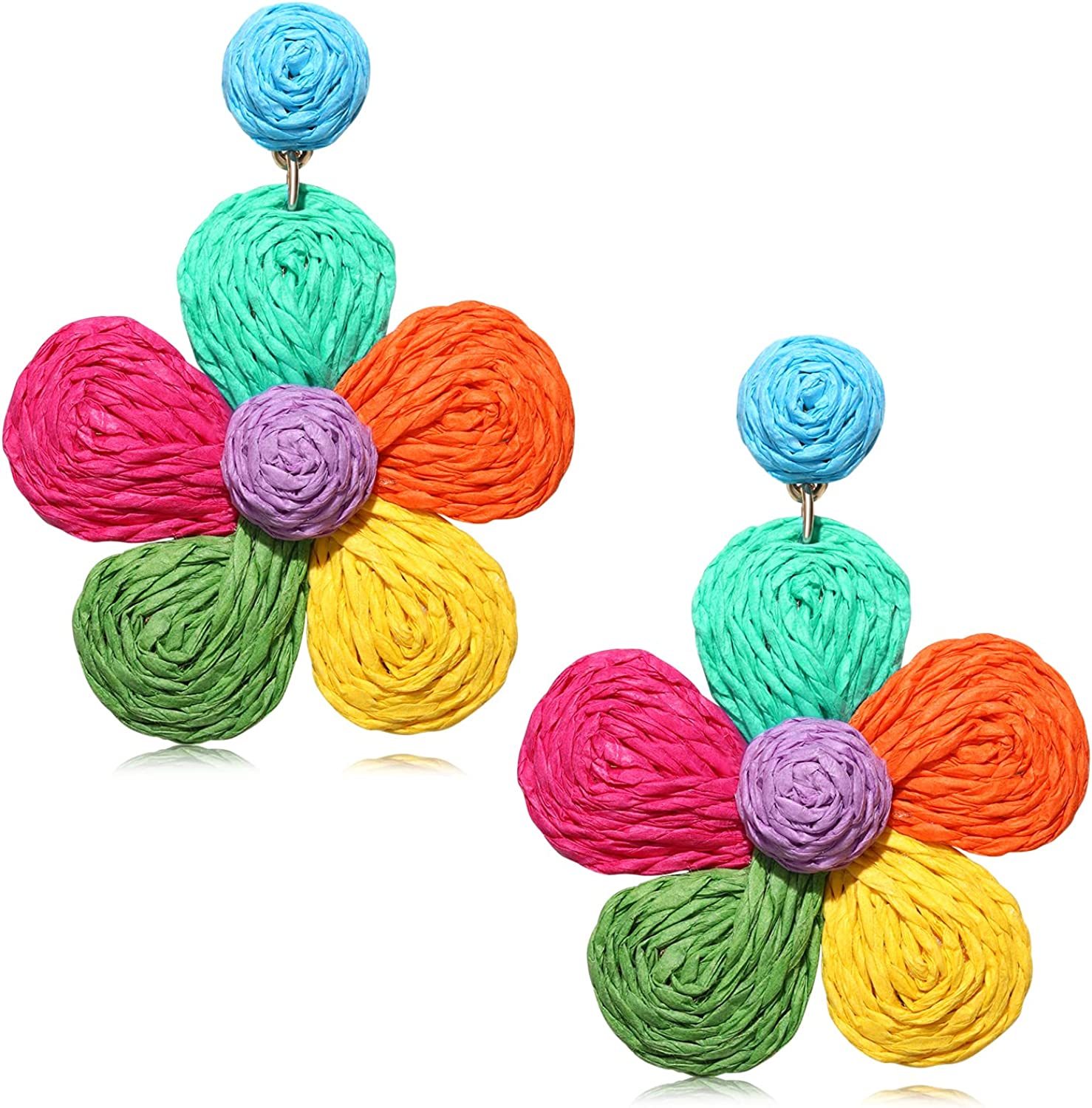 Raffia Earring Boho Handmade Woven Straw Rattan Flower Drop Earrings Geometric Lantern Dangle Earrings for Women Girls Summer Beach Jewelry