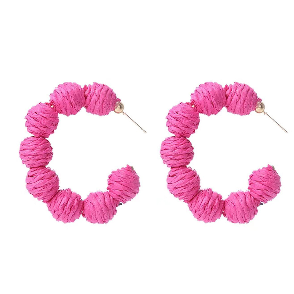 Rattan Earrings Summer Boho Raffia Ball Hoop Dangle Earring for Women Girls Lightweight Straw Wicker Statement Bohemian Beach Ear Jewelry Gifts