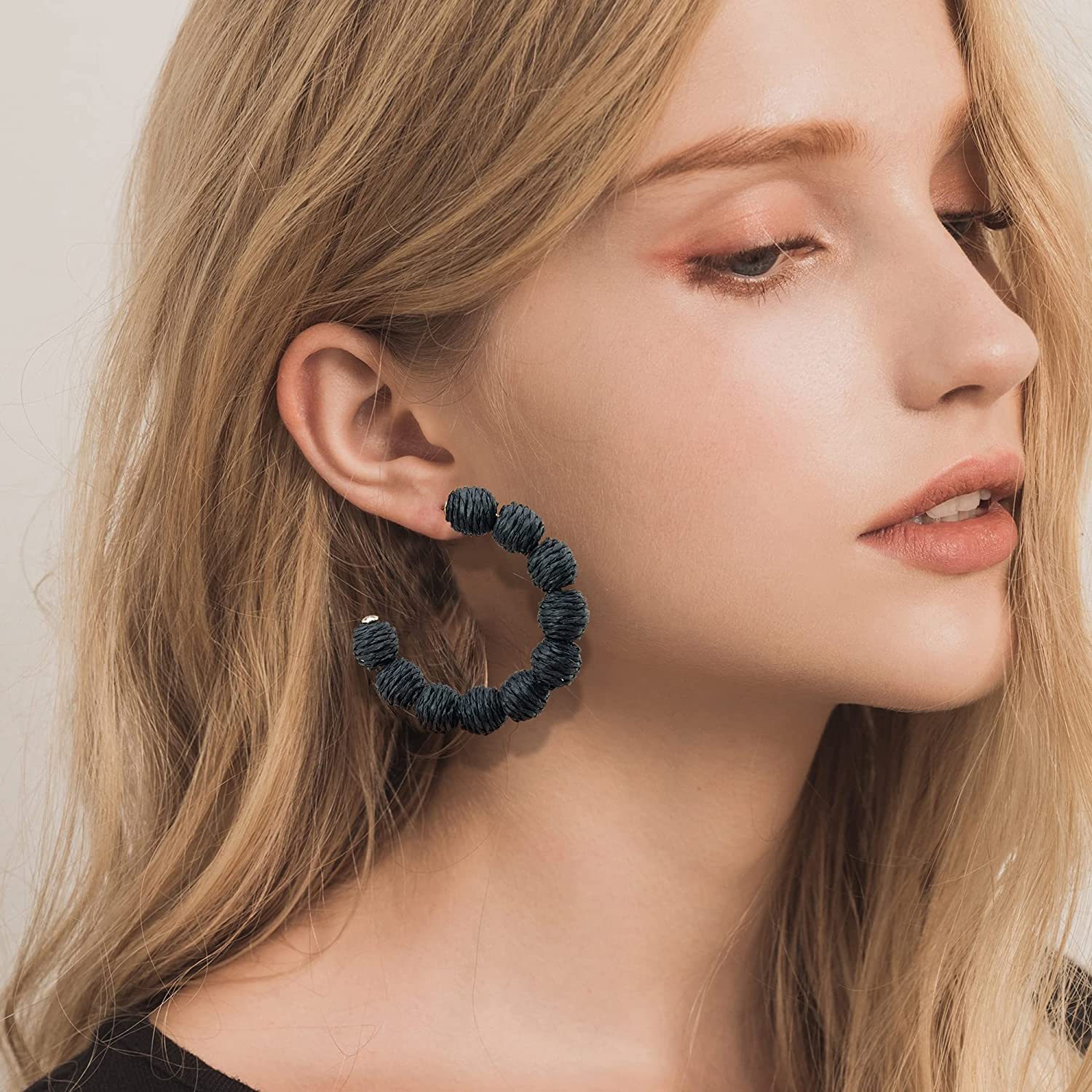 Rattan Earrings Summer Boho Raffia Ball Hoop Dangle Earring for Women Girls Lightweight Straw Wicker Statement Bohemian Beach Ear Jewelry Gifts