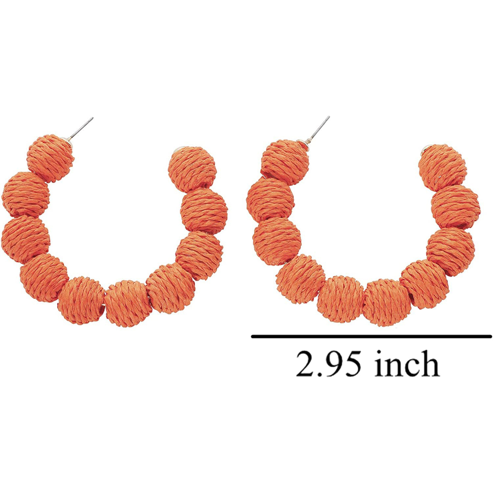 Rattan Earrings Summer Boho Raffia Ball Hoop Dangle Earring for Women Girls Lightweight Straw Wicker Statement Bohemian Beach Ear Jewelry Gifts