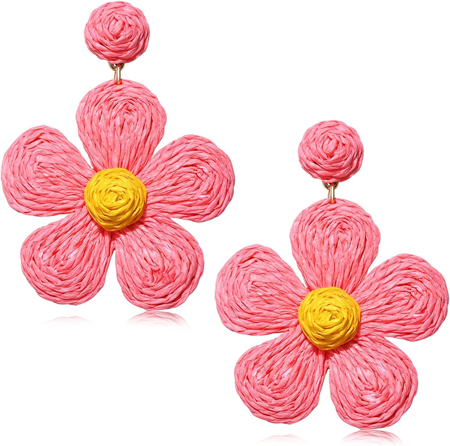 Raffia Earring Boho Handmade Woven Straw Rattan Flower Drop Earrings Geometric Lantern Dangle Earrings for Women Girls Summer Beach Jewelry