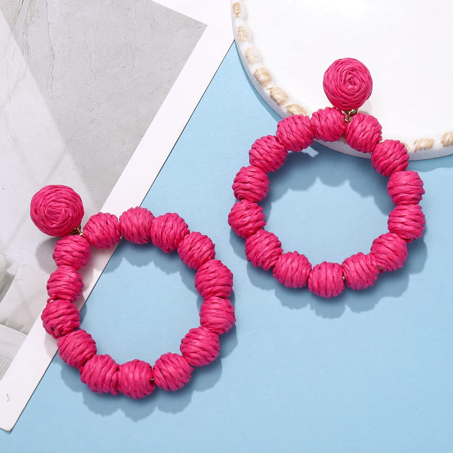 Rattan Earrings Rattan Ball Hoop Dangle Earrings for Women Handmade Bohemia Earrings Braid Straw Wicker Raffia Earrings Summer Beach Accessory Gifts